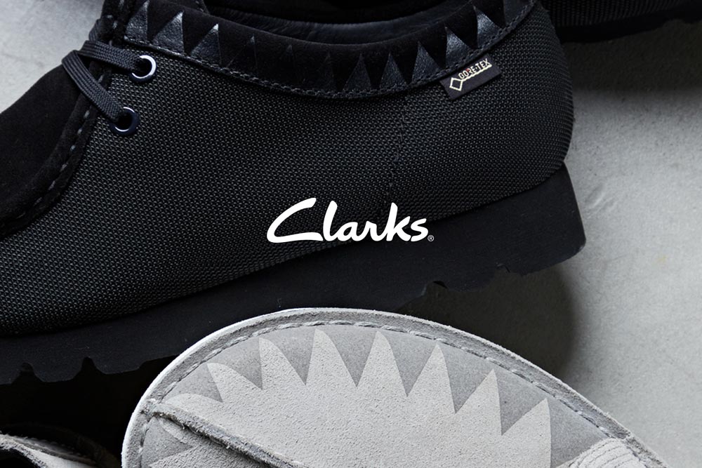 Clarks shoes with teh Clarks logo over the top