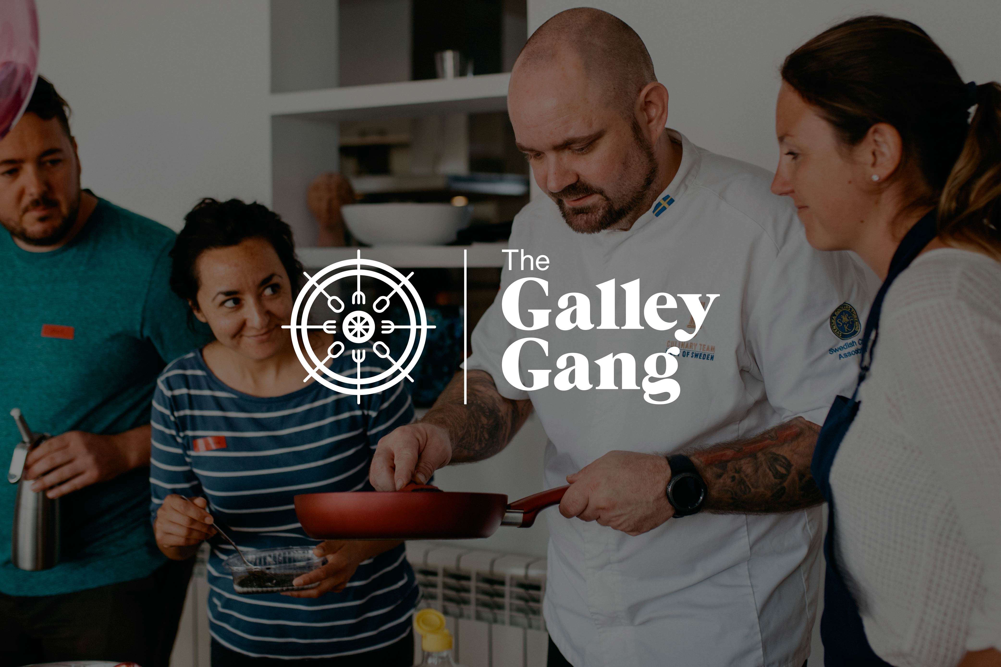 Image of a chef cooking at a Galley Gang workshop with the Galley Gang logo over the top of the image