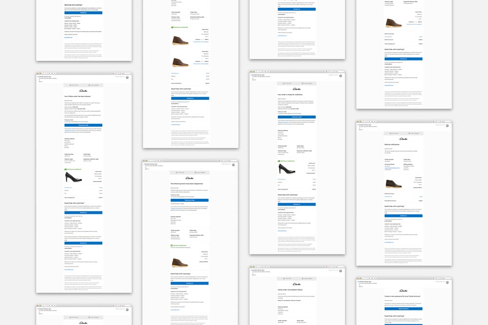 Multiple different Service email screens being displayed that were all redesigned and rewritten by us.