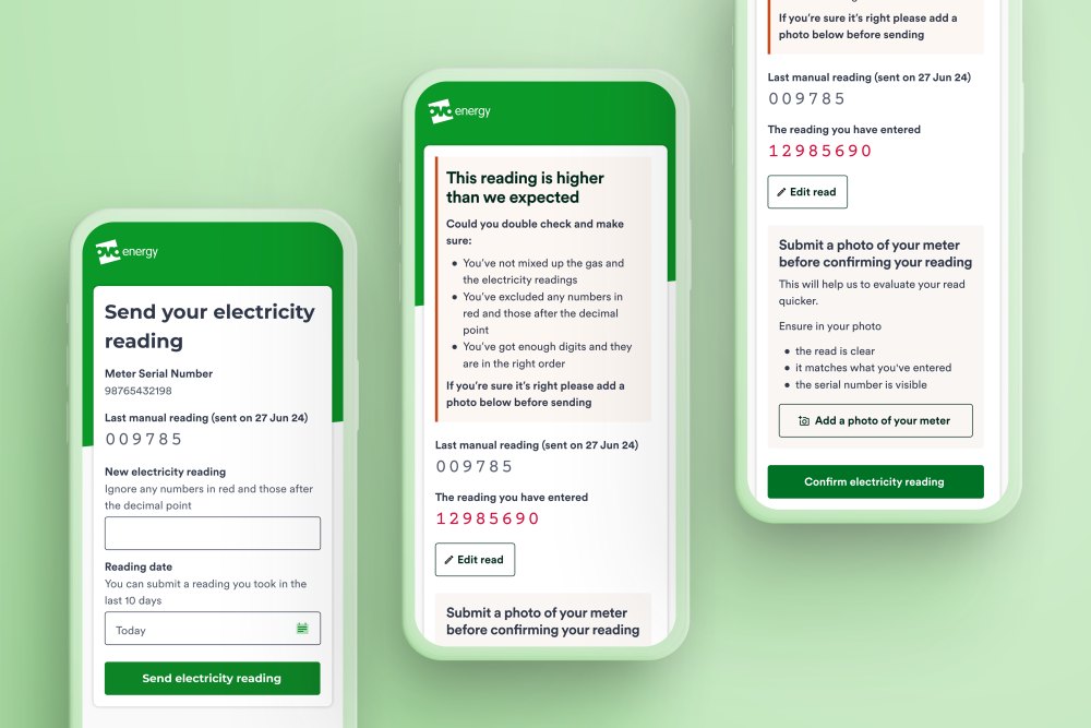 The customer capture flow on mobile: submitting a meter read, being prompted when it looks out of line, and adding a photo of the meter.