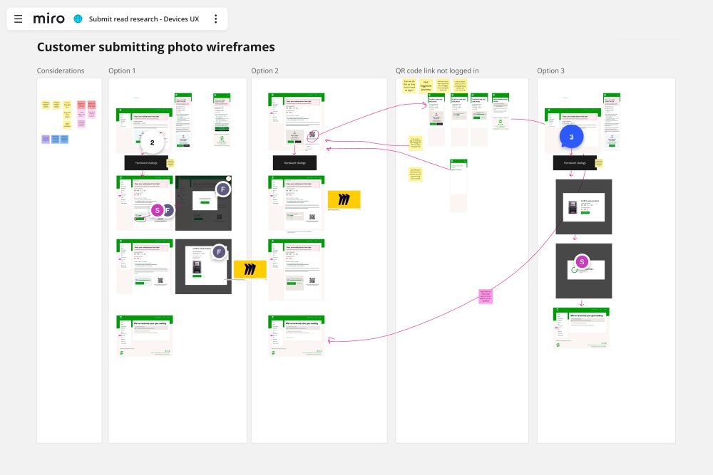 Wireframes exploring where the photo prompt could sit, including the QR handoff and mandatory options we later dropped.