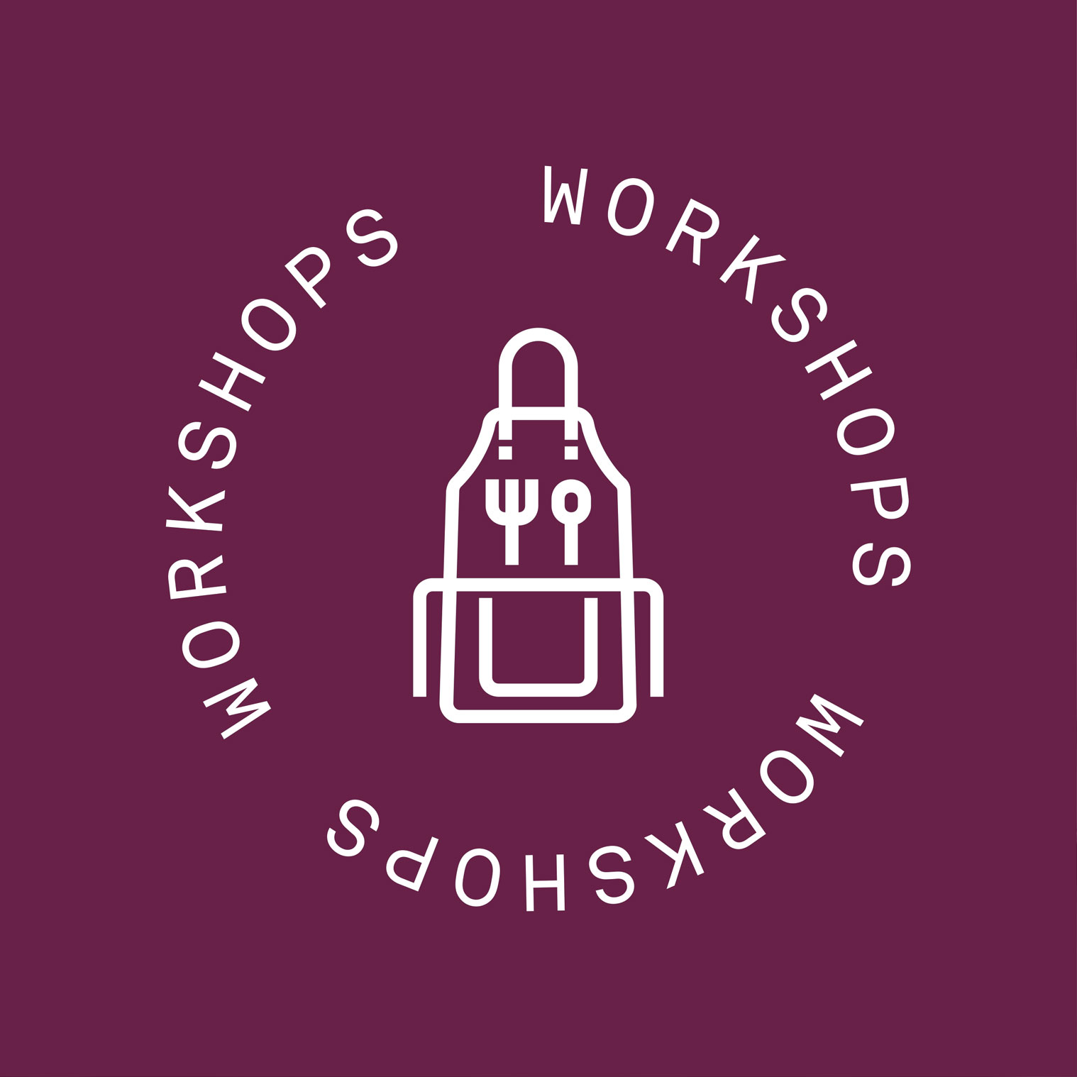 Close up of the worshops icon which has a styalised apron motive and Workshops text in a circle around it